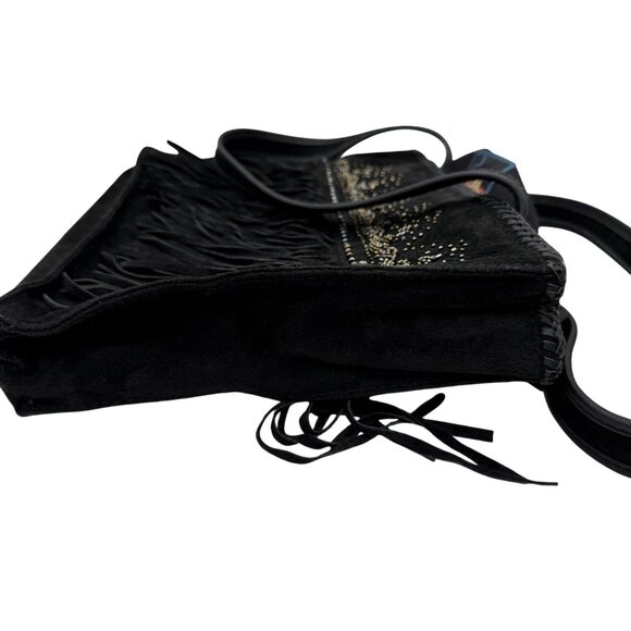 Cripple Creek Fringe Leather Shoulder Bag Black Beaded Studded Double Handles - Picture 9 of 15